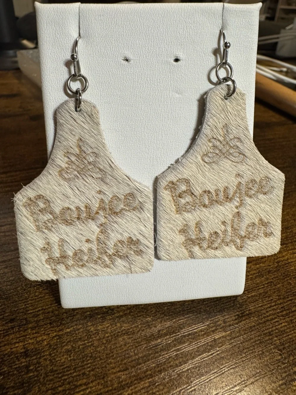 *Cowhide Boujee Heifer Cow Tag Earrings - 2in